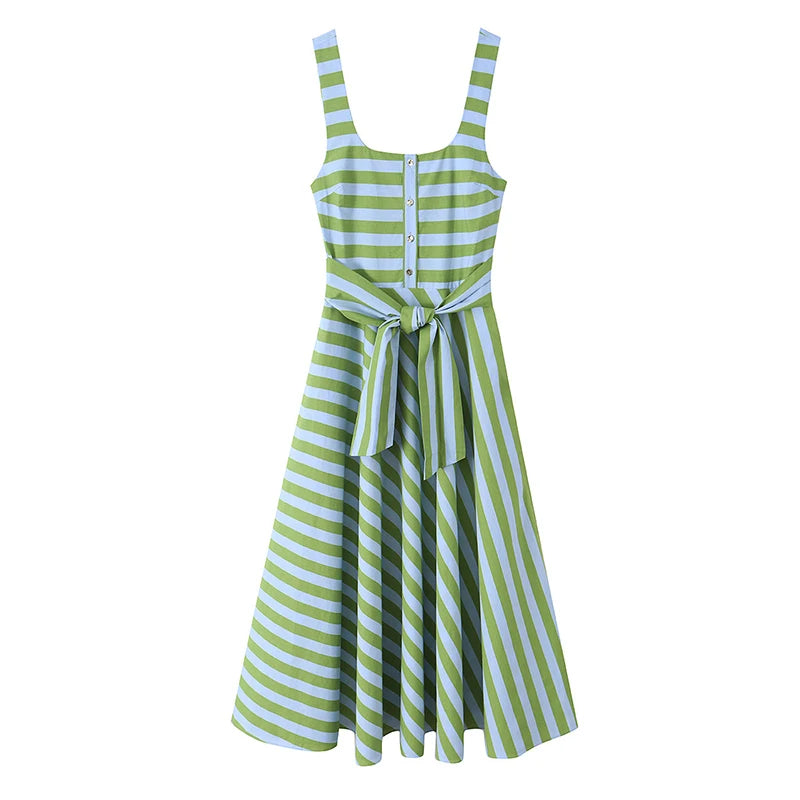 Casual Green Sleeveless Striped With Belted Midi Dress