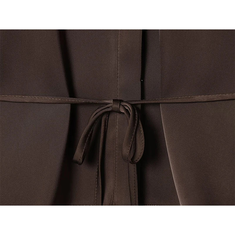 Women Elegant With Belt Satin Brown Shirt