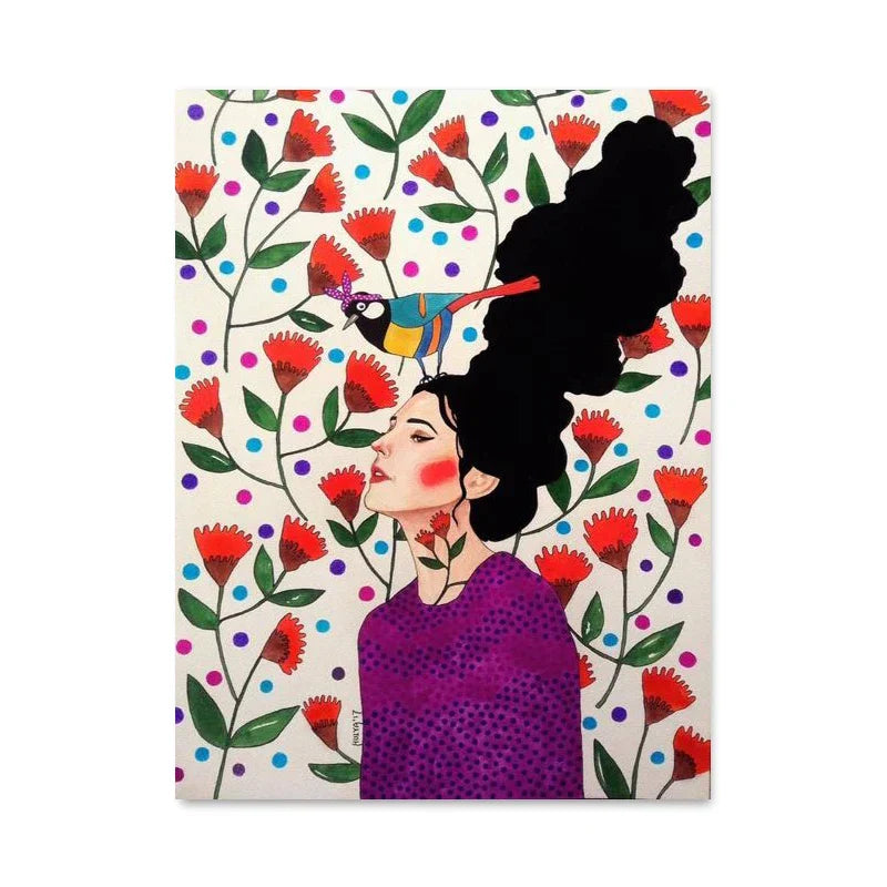 Retro Flowers Girls Hair Paintings Poster