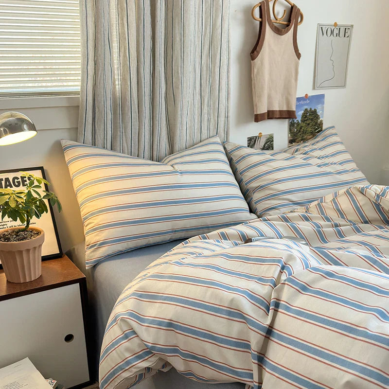 Blue Striped Cotton Bedding Set