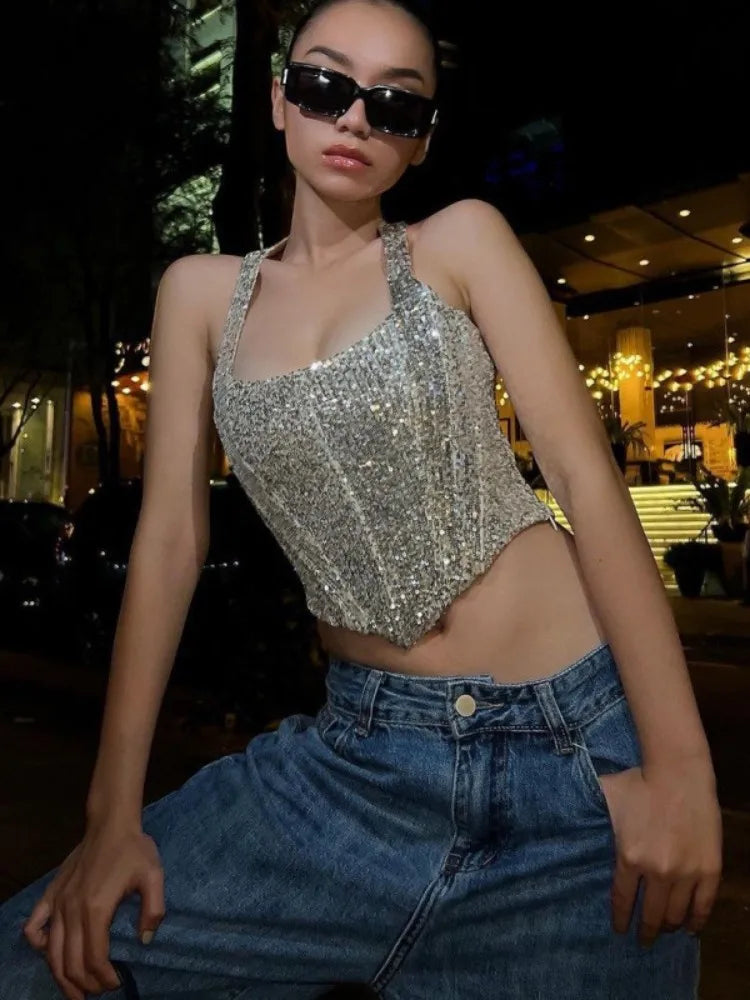 Sequins Hanging Neck Crop Top