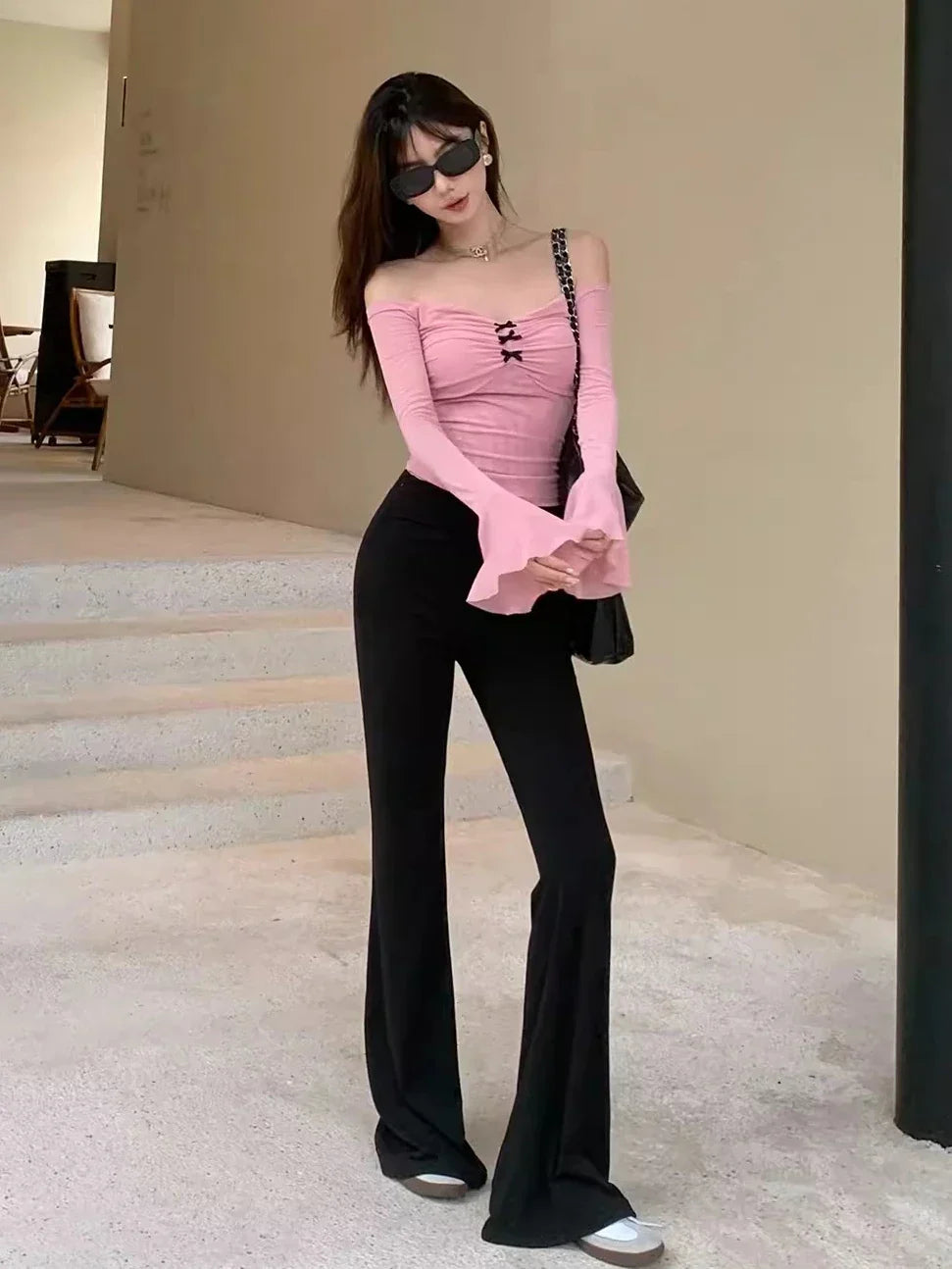 Pink Mesh Bow Cropped Long Crop Top