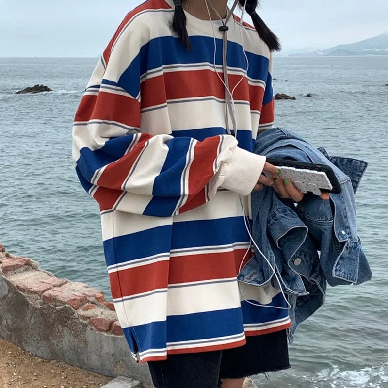Striped Long Sleeve Cotton Comfey Hoodie Shirt