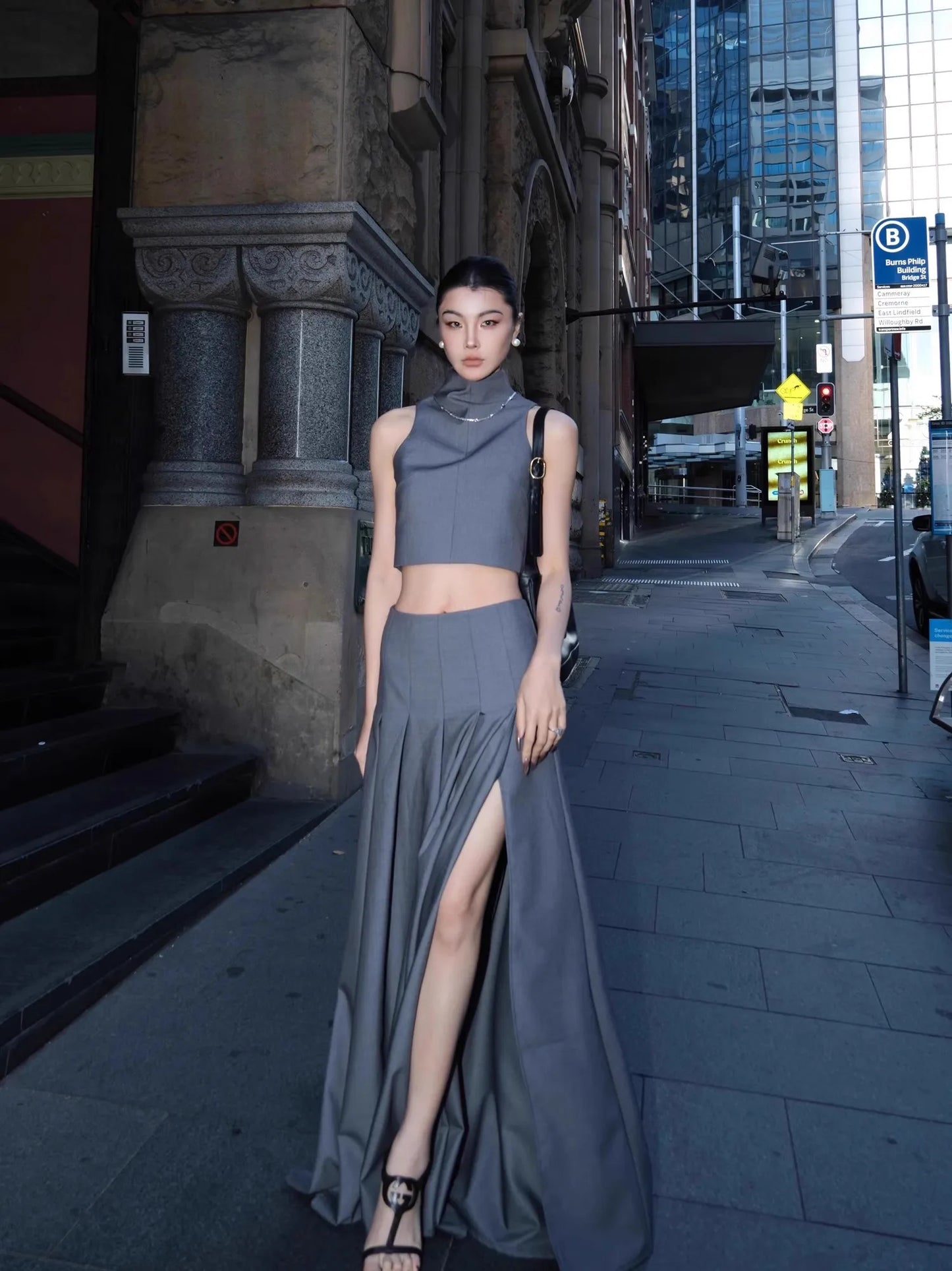 Grey Flowy Floor Length Pleated Skirt