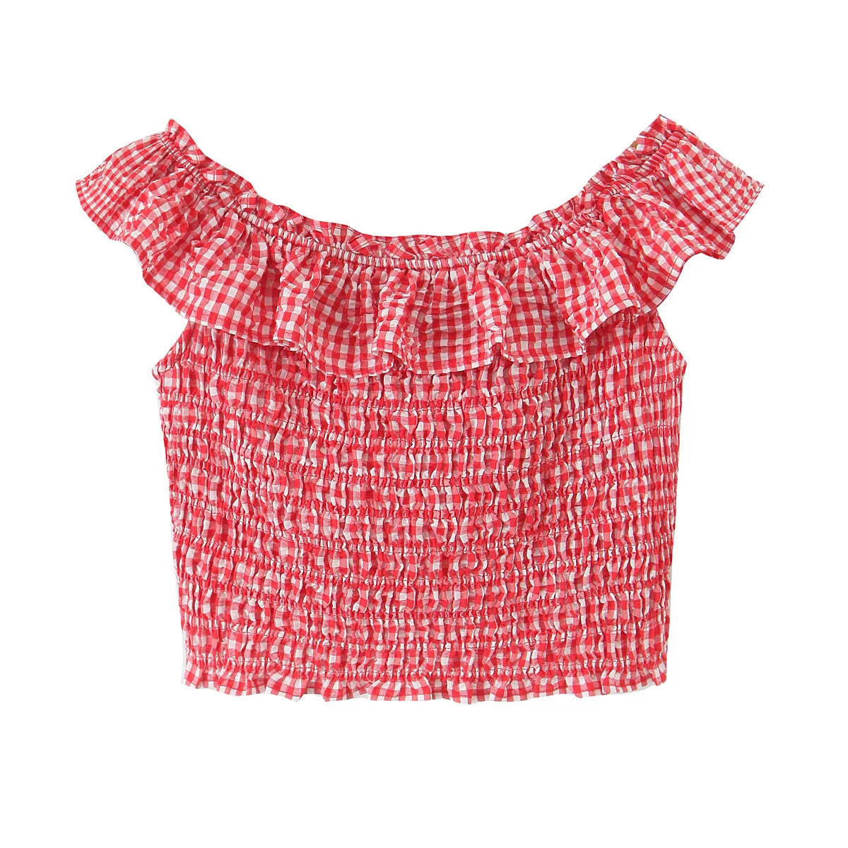 Ruffle Sexy Off Shoulder Red Plaid Blouse