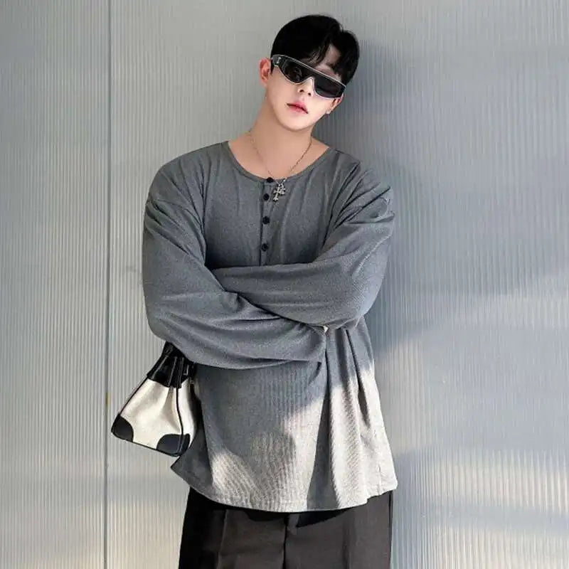 Stylish Korean Round Collar Button T-Shirt