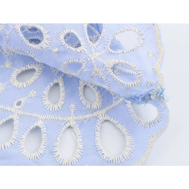 Hollow Out Embroidery Women Blue Shirt