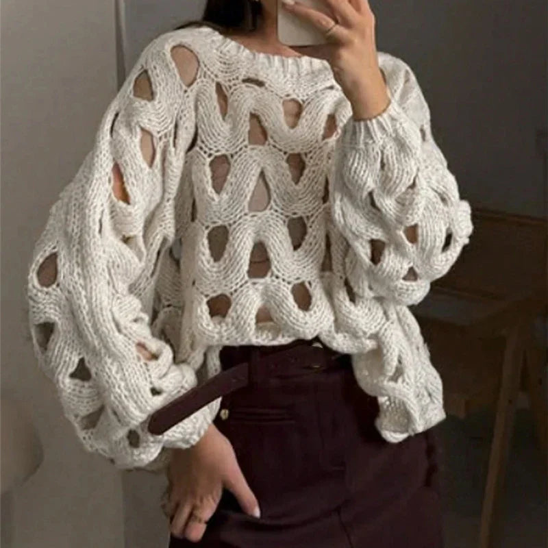 Casual Long Sleeved Hollowed Out Knitted Sweater