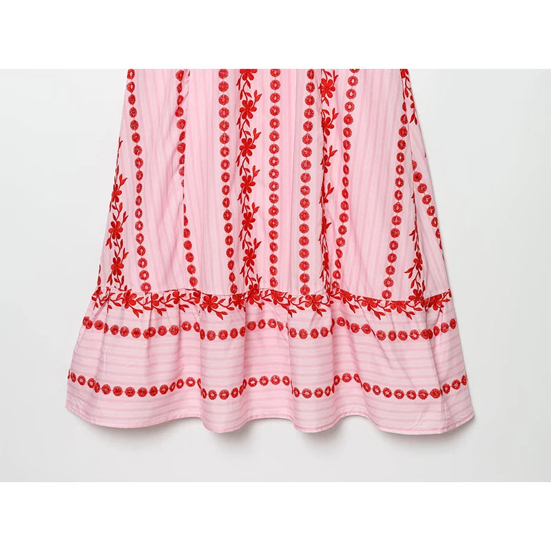 Pink Floral Embroidery Hollow Out Midi Dress