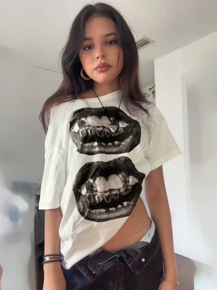 American Street Hip Hop Mouth Print Loose T-shirt