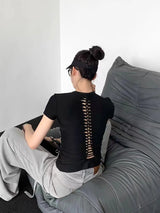 Solid Color Short Sleeve Slim Lace Up Back Crop Top