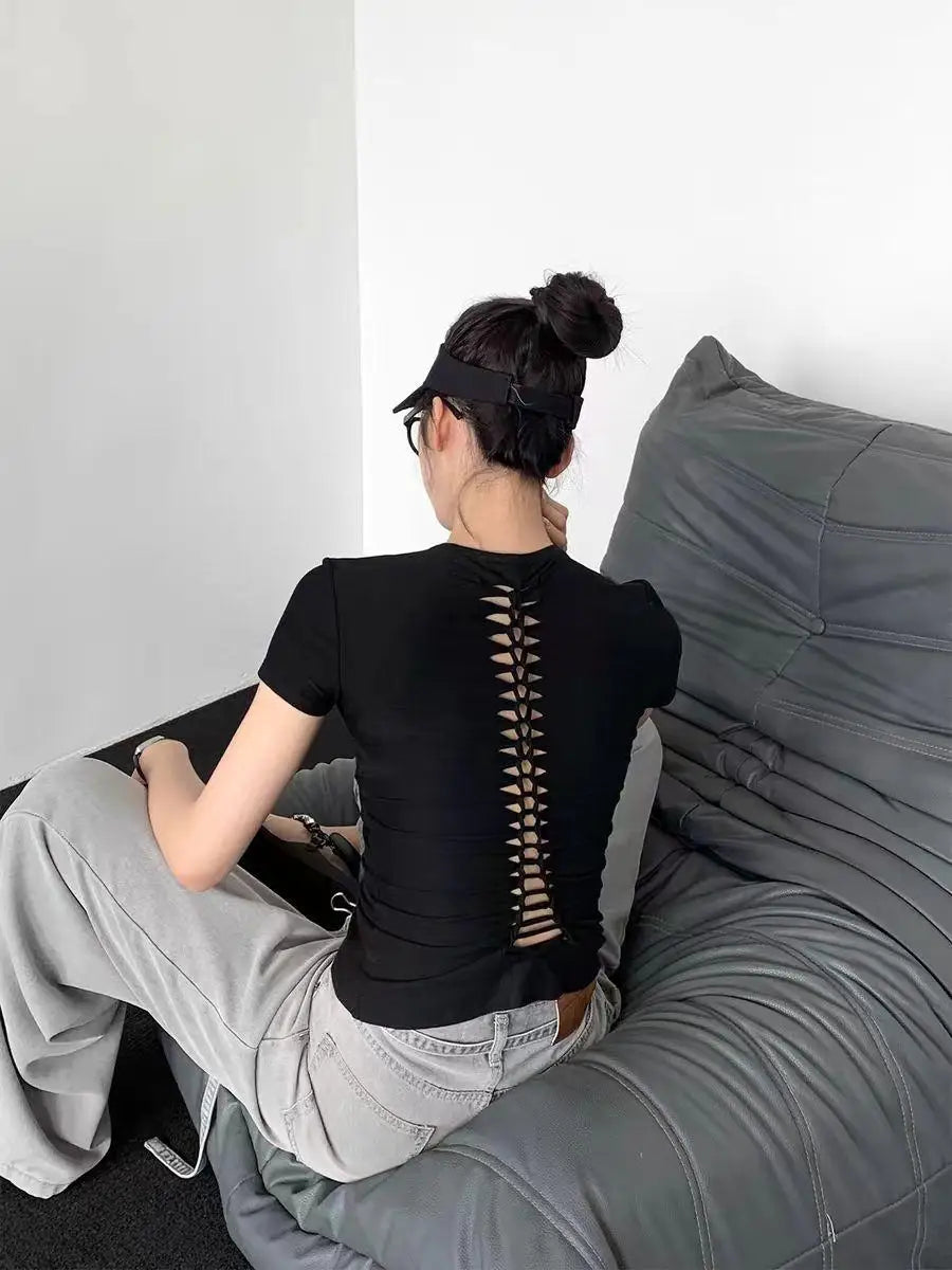 Solid Color Short Sleeve Slim Lace Up Back Crop Top