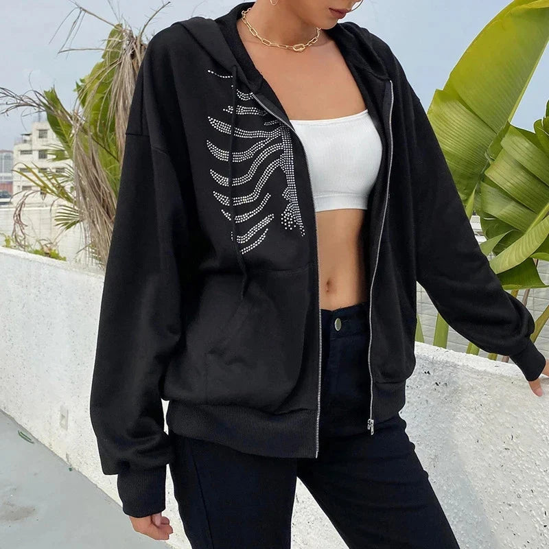 Rhinestone Gothic Skeleton Zip-Up Hoodie