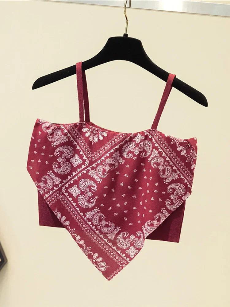 Patchwork Printing Halter Crop Top