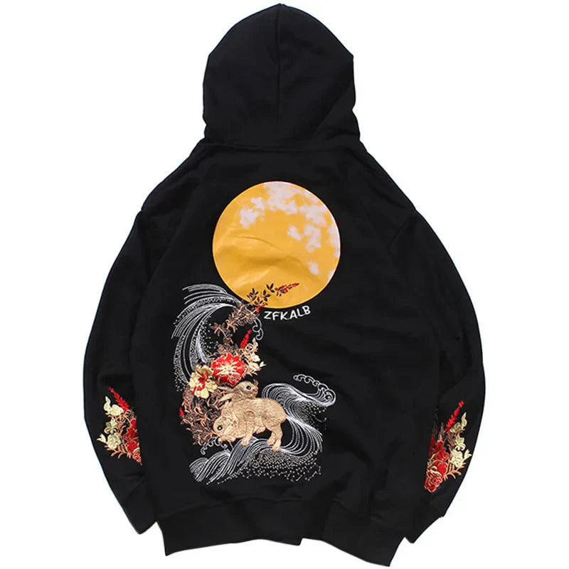 Embroidered Floral Moon Black Hoodies