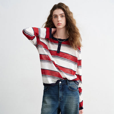 Stripped Linen Button Long Sleeve Top