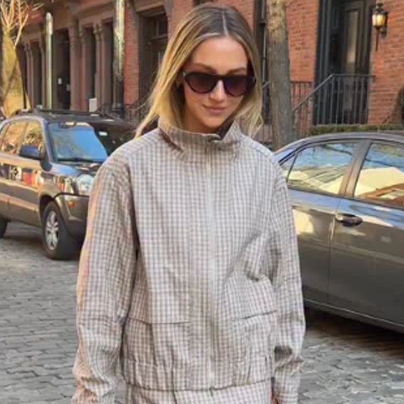 Plaid Zip-up High Collar Windbreaker Jacket