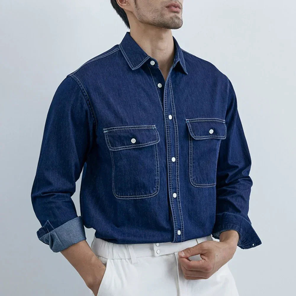 Casual Moisture-Wicking Long-Sleeve Denim Shirt