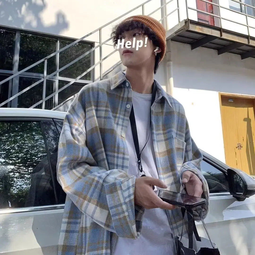 Y2K Plaid Flannel Men Shirt