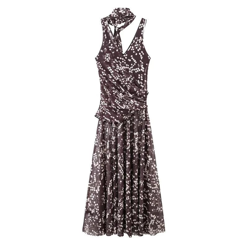 Brown Long Polka Dot Dress Sexy Sleeveless