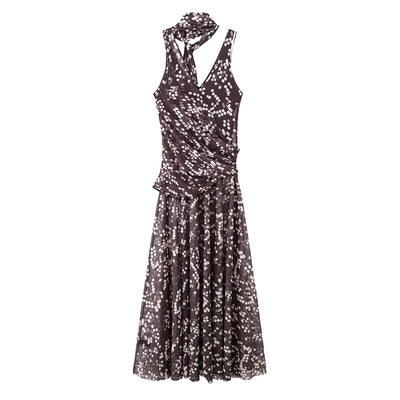 Vestido marrón largo sin mangas sexy de lunares
