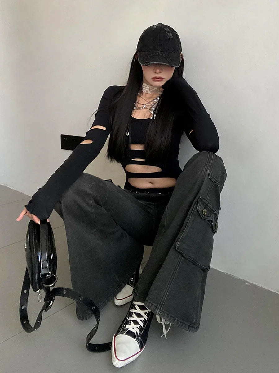 Y2K Black Flare Cargo Jeans