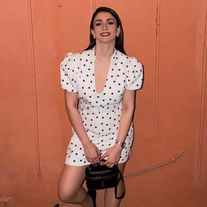 V Neck Polka Dot White Mini Dress