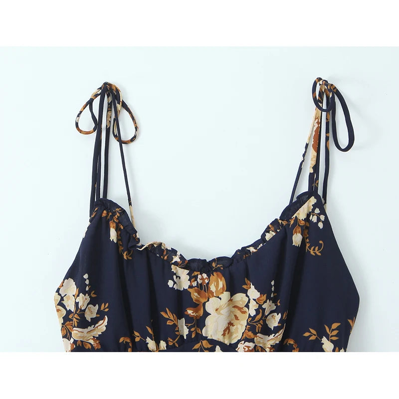 French Vacation-style Floral Print Sleeveless Dress