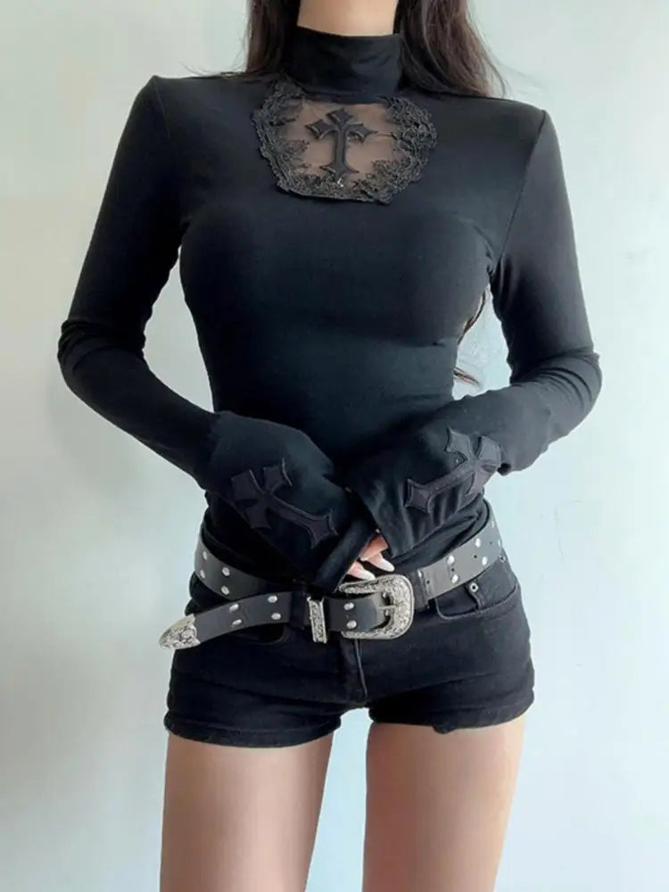 Black Gothic Cross Long Sleeve Slim Top