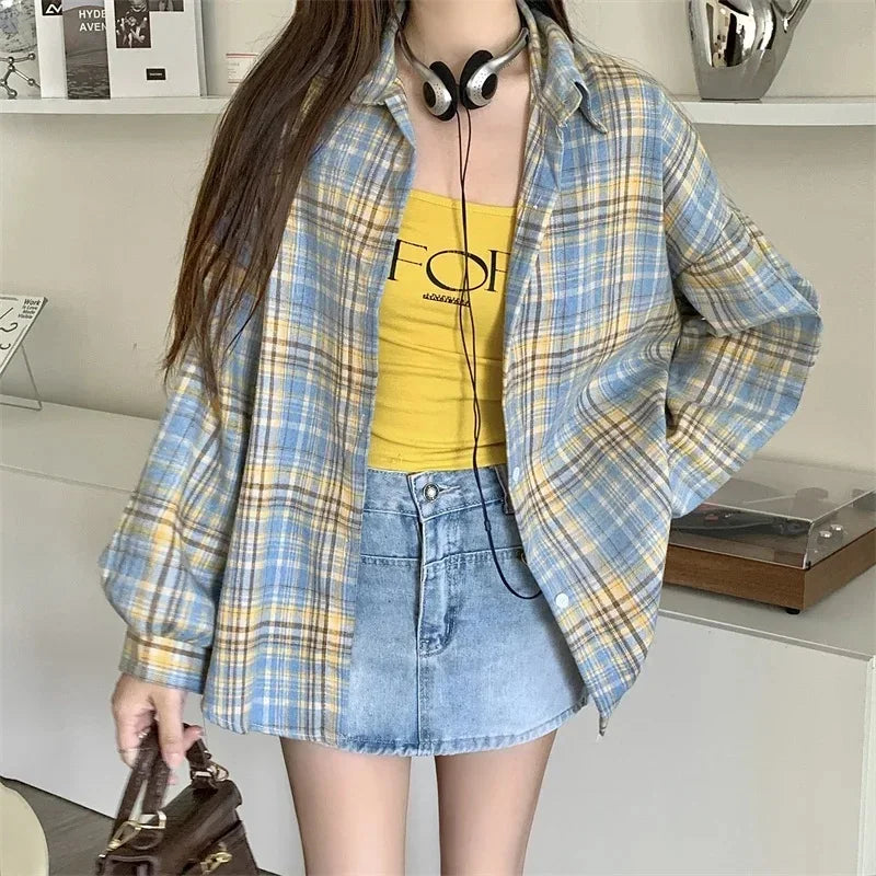 Oversized-Tartan-Jacken-T-Shirt mit Kragen
