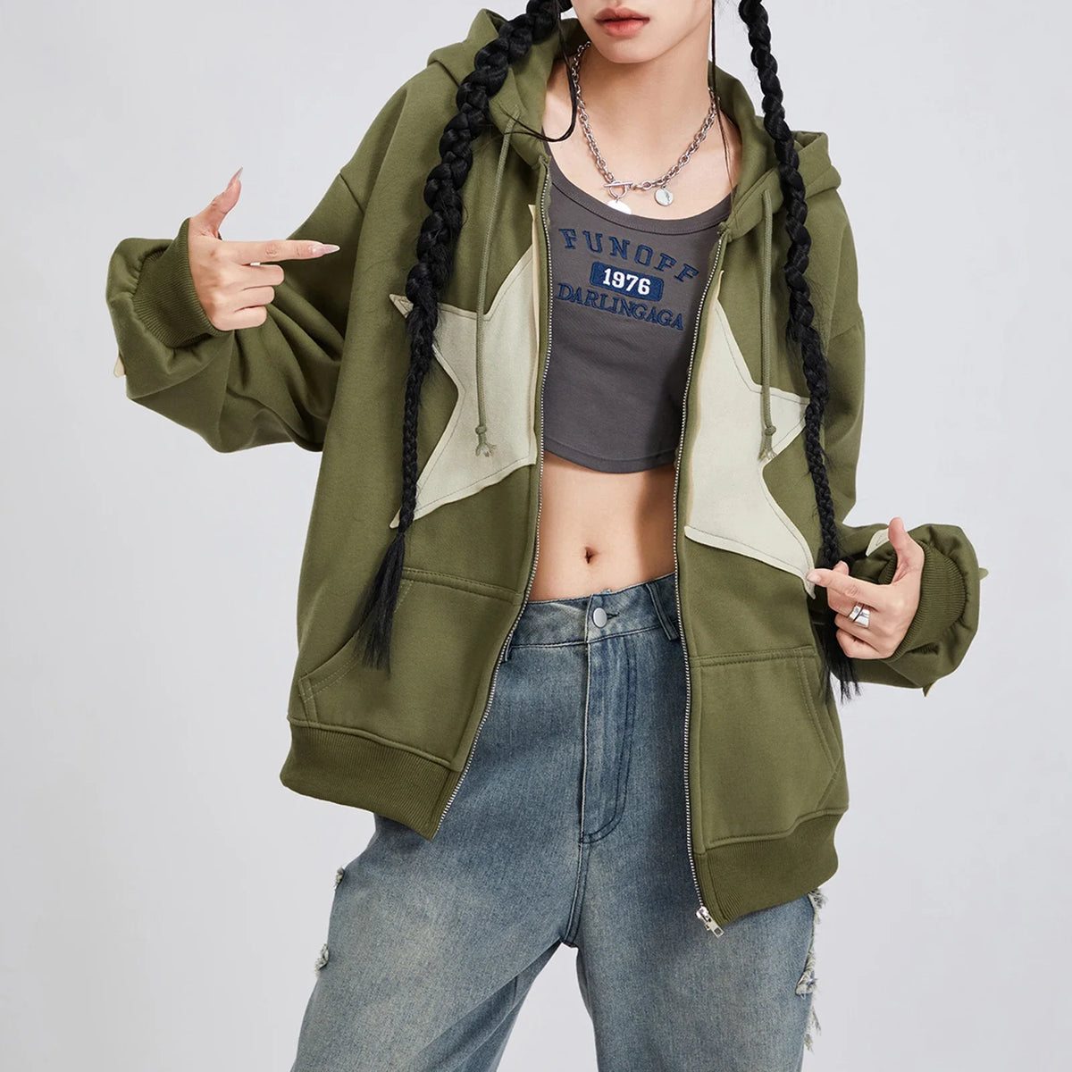 Y2K Star Patch Zip-Up Hoodie