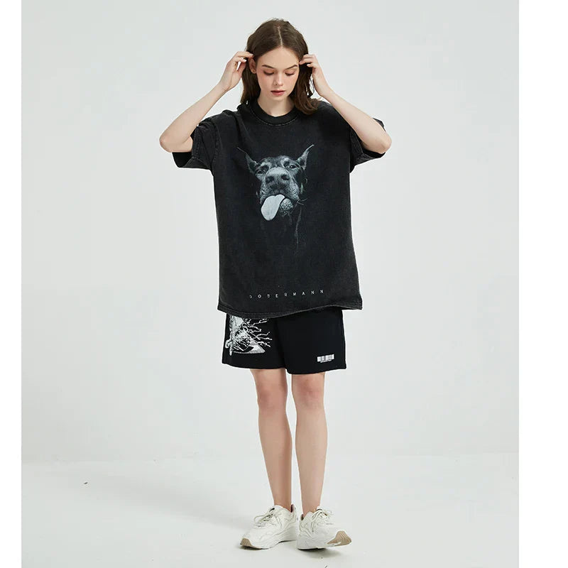 Doberman Dog Washed Black T-shirt