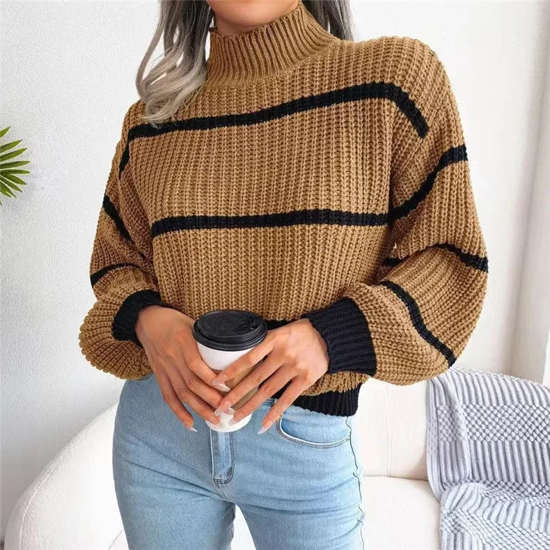 High Collar Pullover Knit Striped Sweater