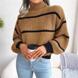 High Collar Pullover Knitted Striped Sweater