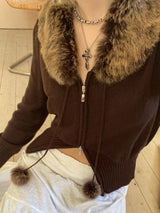 Y2K Fur Cropped Zip-up Cardigan