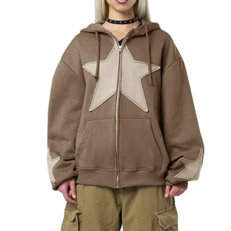 Star Patchwork Zip-Up Graphic Hoodie Shirt