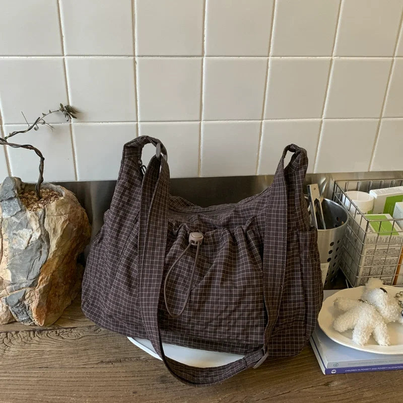 Korean Plaid Zipper Pleated Shoulder Bag