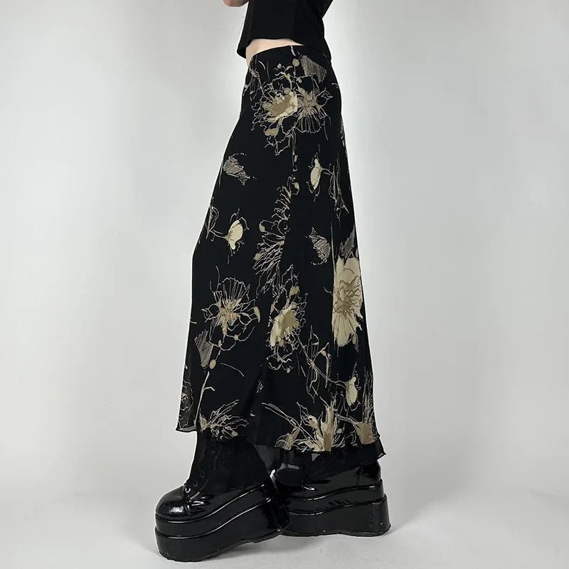 Gothic Aesthetics Double Layer Mesh Maxi Skirt