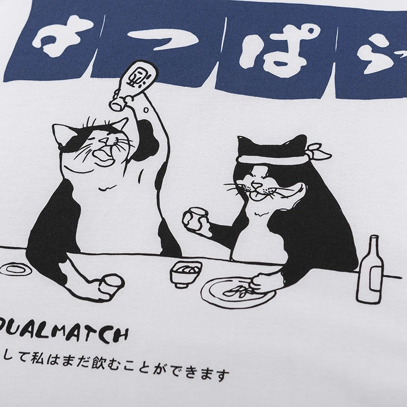 Japanese Cartoon Drinking Cat T-Shirt
