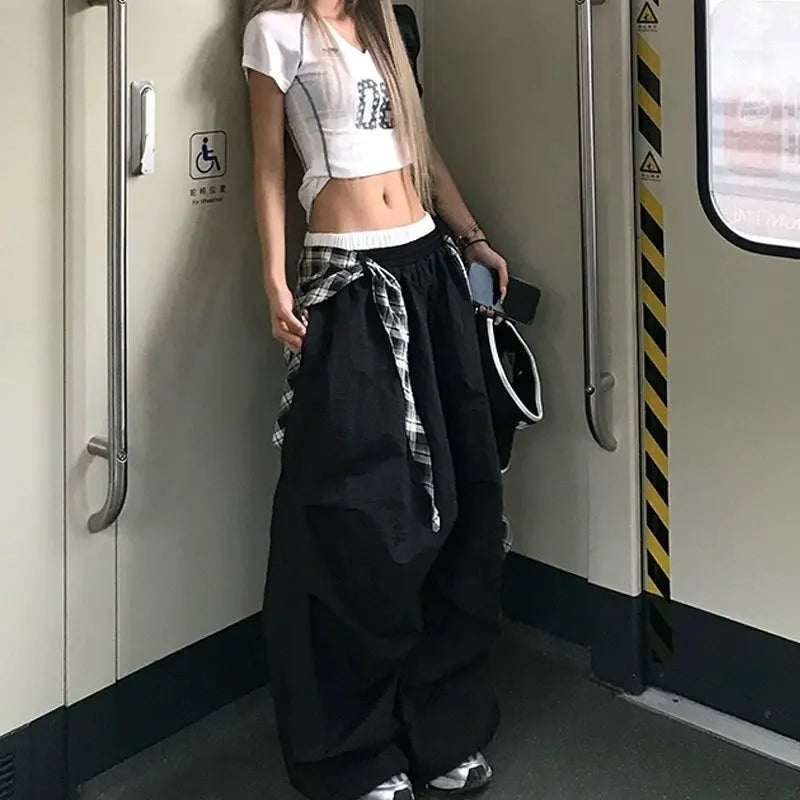 Black Plaid Wide Leg Cargo Pants