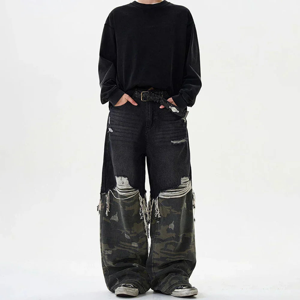 Y2K Camouflage Stitched Ripped Jeans