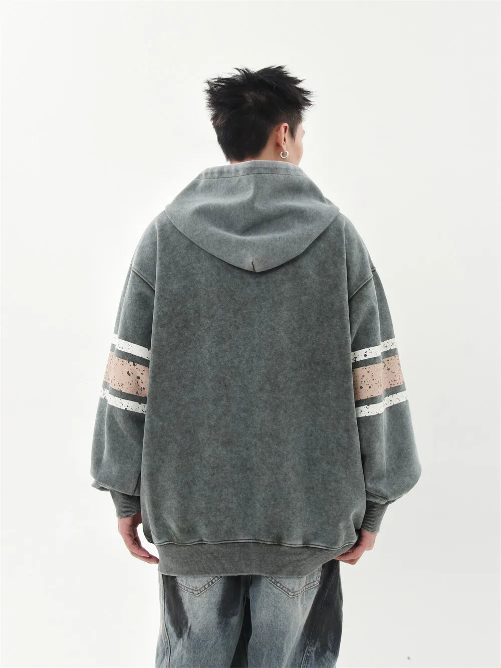 Retro Distressed Print Hooded Sweatshirt