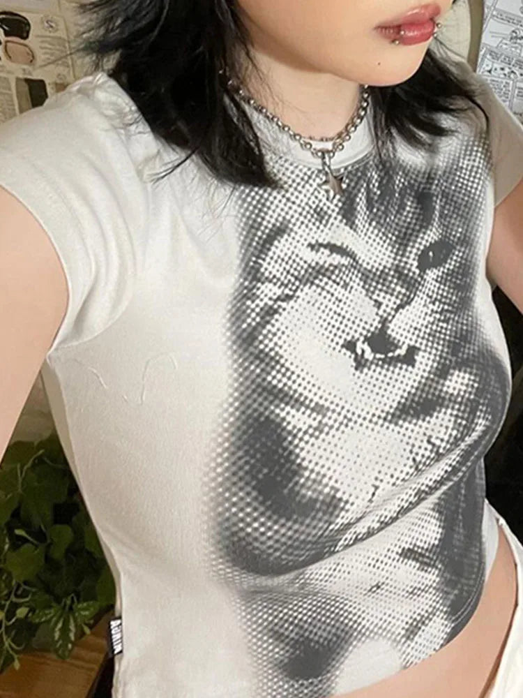 Y2K Vintage Animal Print White Crop Top
