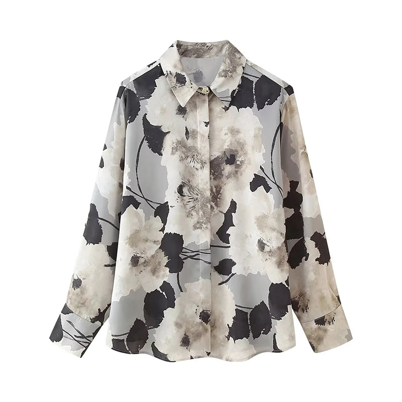 Women Vintage Flora Print Satin Shirt