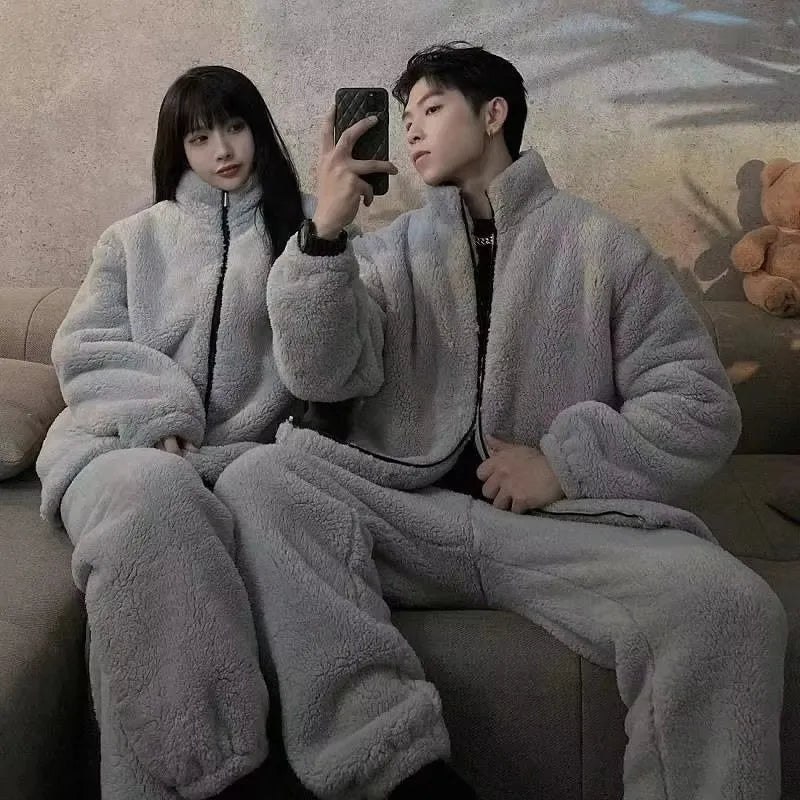 2 Piece Couple Coral Fleece Warm Pyjamas