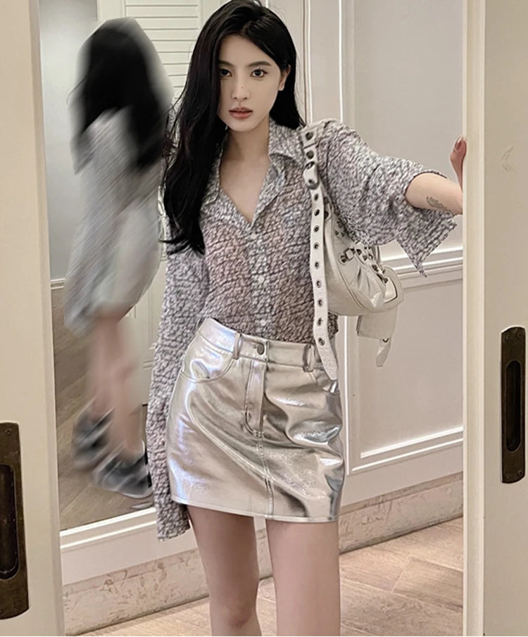 Pink Silver Reflective Shiny Leather Mini Skirts