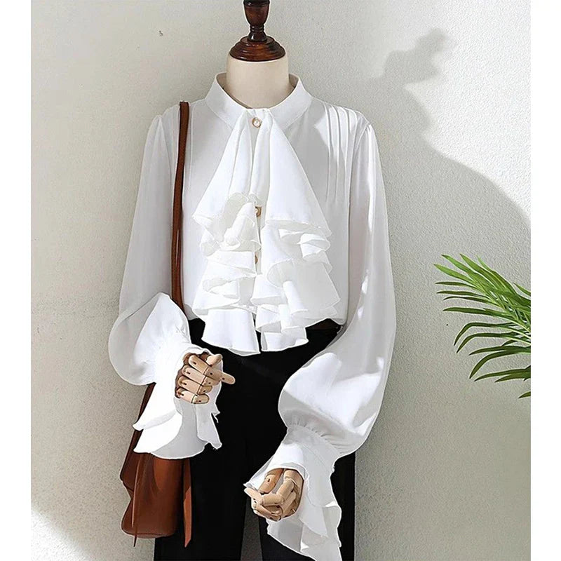 Elegant White Ruffles Flare Sleeve Blouse