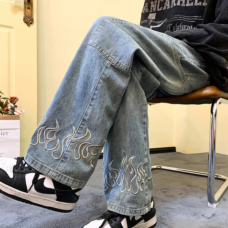Flame Print Baggy Wide Leg Jeans