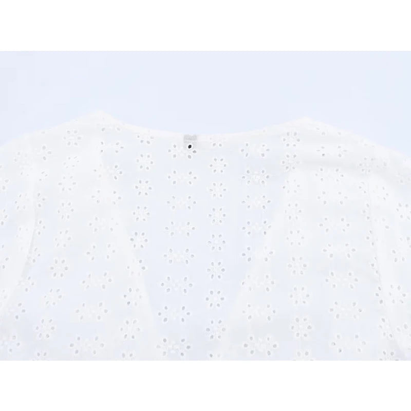 Openwork Embroidery Casual White Blouse