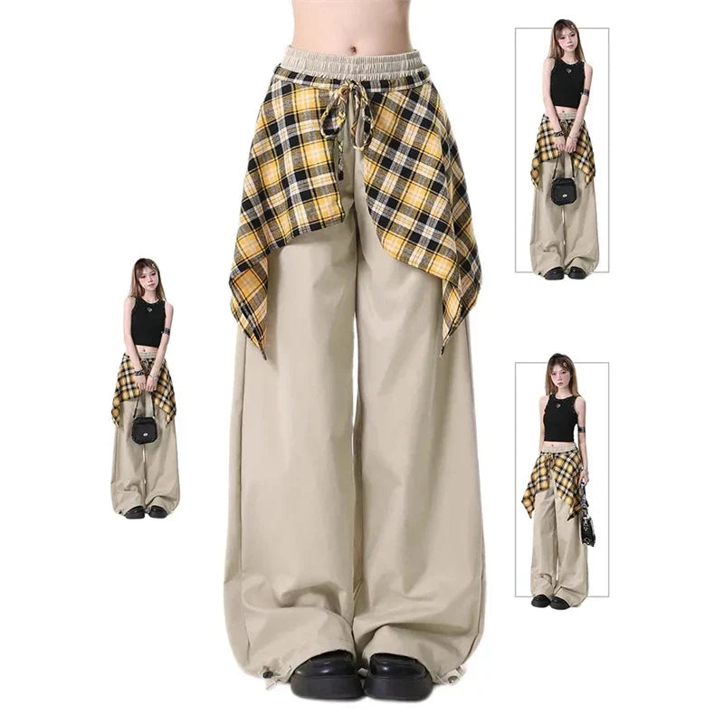 Patchwork Plaid Skirt High Waisted Pants
